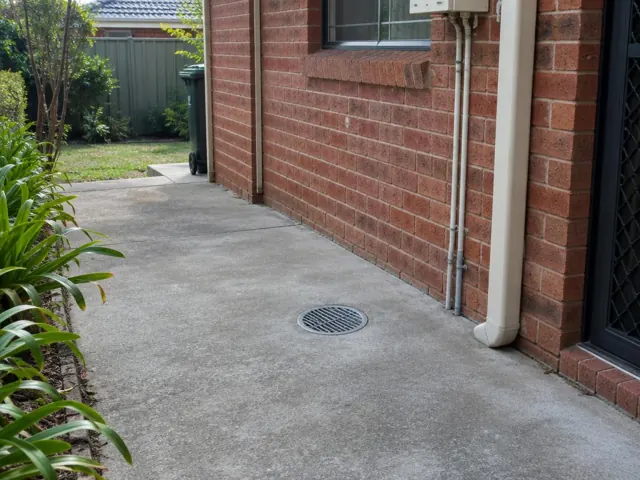 Concrete side path beside a brick house with a round drain grate and garden edging in Kirrawee