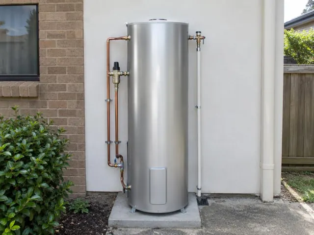 Outdoor hot water cylinder on a concrete pad beside a brick house wall in Kirrawee