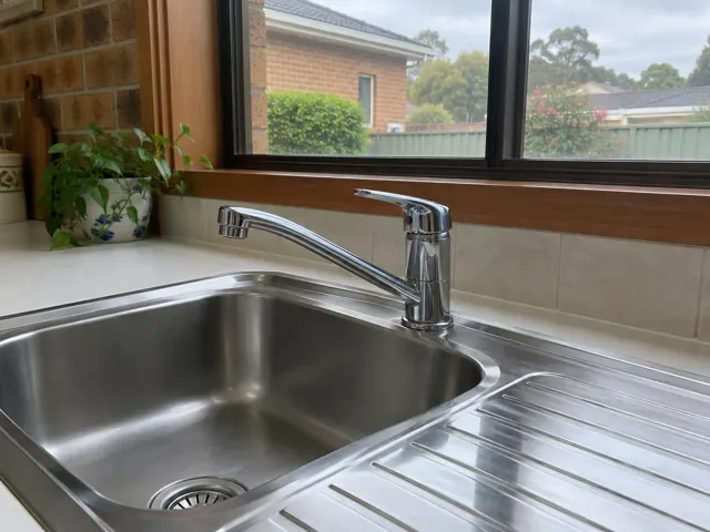 Chrome kitchen sink tap beside a stainless steel sink and tiled splashback in Engadine